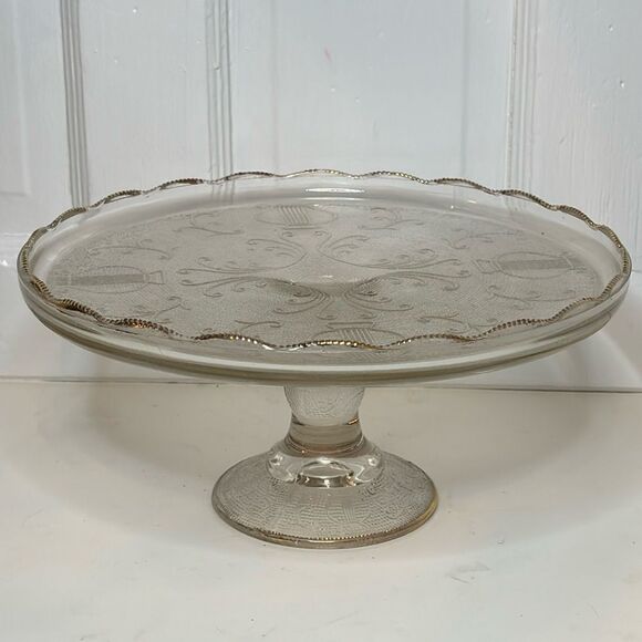 Vintage 1950s Jeanette Clear Depression Glass Harp Design Pedestal Cake Stand - Picture 1 of 6